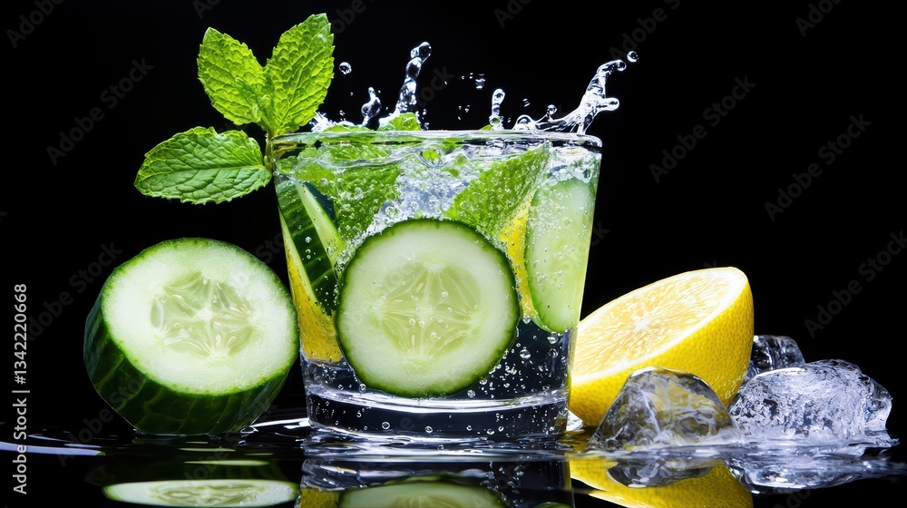 Poster refreshing detox drink with cucumber and mint garnish in a clear glass with splash effect