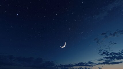 Naklejka premium Deep blue night sky with glowing crescent moon and twinkling stars, peaceful Ramadan background perfect for Islamic holiday greetings, spirituality, and festive designs.