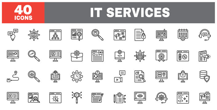 Set of 40 line icons IT services. Outline icon collection. Editable stroke. Vector illustration.