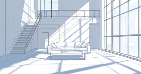 Fototapeta premium Sunlit loft apartment interior design sketch.