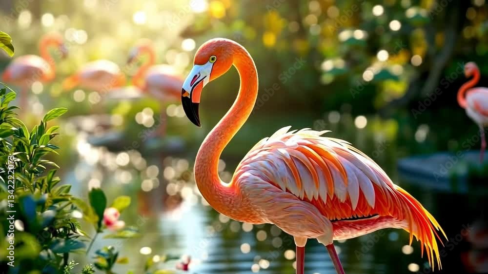 Poster this image showcases a beautiful flamingo in a tranquil setting, surrounded by greenery and sparklin