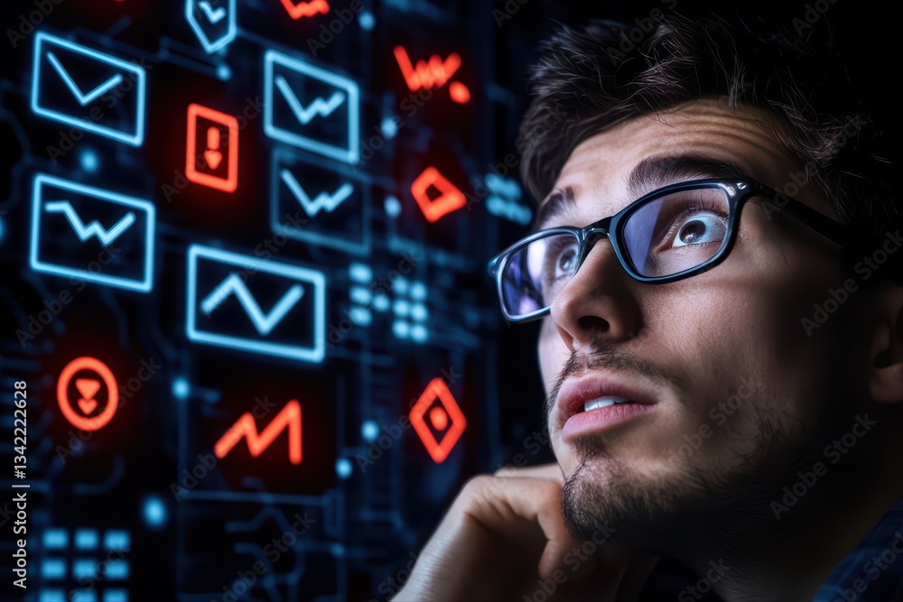 Poster trader analyzing investment loss concepts with financial graphics and charts in background