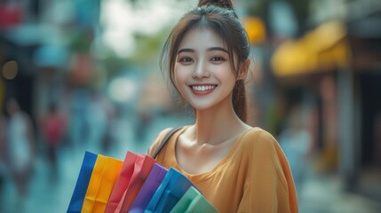 Asian woman carrying shopping bags, smiling with joy, isolated on a pastel blue studio background
