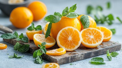 Fresh Oranges Mint Rustic Wooden Board