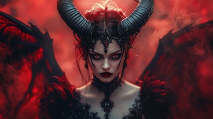 Captivating portrait of a demonic woman with horns and glowing red eyes