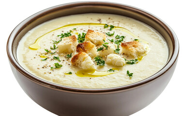 A bowl of creamy cauliflower soup garnished with a touch of fresh herbs and spices Isolated on transparent background PNG