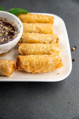Nem rolls food sauce vietnamese rice paper roll gourmet background on the table rustic food top view copy space