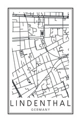 Hand drawn printable downtown road map poster of the German city quarter of COLOGNE-LINDENTHAL on solid white background with city name