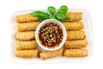Nem rolls food sauce vietnamese rice paper roll gourmet background on the table rustic food top view copy space