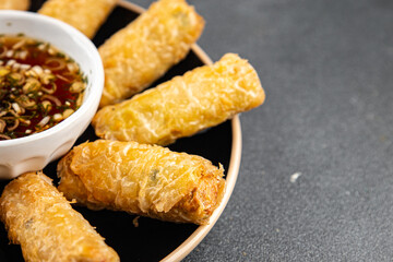 Nem rolls food sauce vietnamese rice paper roll gourmet background on the table rustic food top view copy space