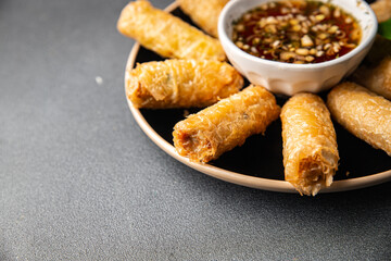 Nem rolls food sauce vietnamese rice paper roll gourmet background on the table rustic food top view copy space