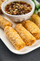 Nem rolls food sauce vietnamese rice paper roll gourmet background on the table rustic food top view copy space