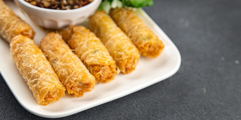 Nem rolls food sauce vietnamese rice paper roll gourmet background on the table rustic food top view copy space
