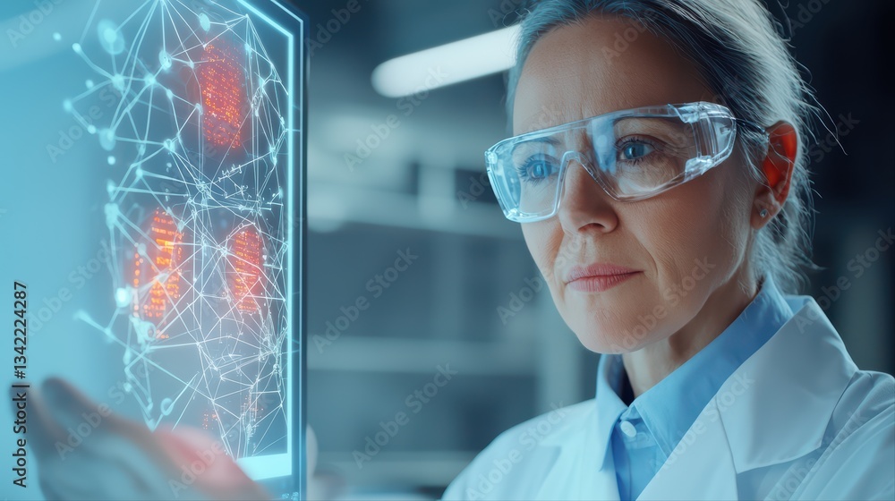 Poster innovative scientist examining new high-tech concept with futuristic display technology