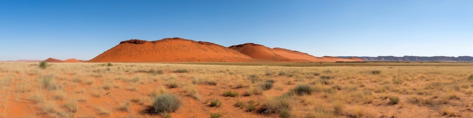 Fototapeta premium A desert landscape with a large hill in the background. The sky is clear and blue. Concept of vastness and emptiness, with the lone hill as a reminder of the natural beauty and power of the desert