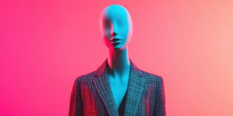 Mysterious Figure in Fashion: A faceless mannequin stands under the vibrant glow of magenta and cyan lighting, dressed in a stylish patterned suit. Its empty gaze suggests a minimalist.