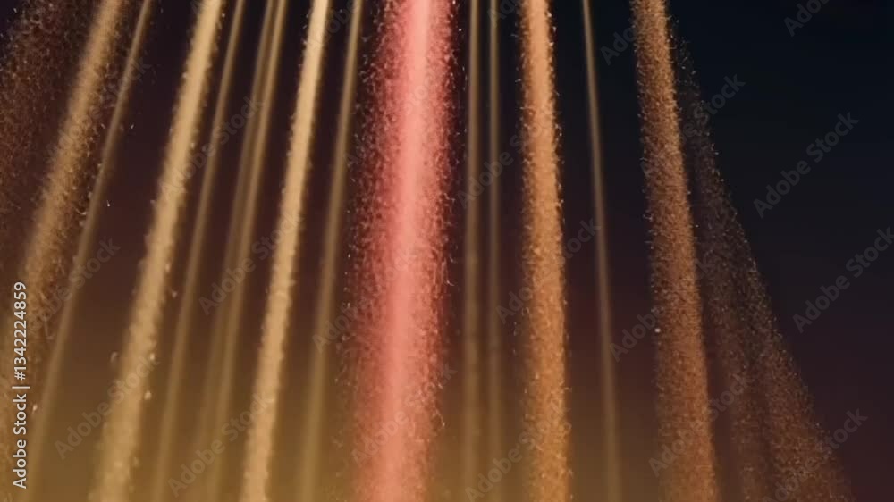 Poster a view of falling golden particles against a dark background with light shining through them above