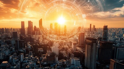 Futuristic Cityscape at Sunset with Urban Skyline and Dashboard Overlay