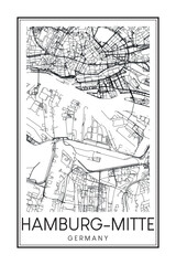 Hand drawn printable downtown road map poster of the German city quarter of HAMBURG-MITTE on solid white background with city name