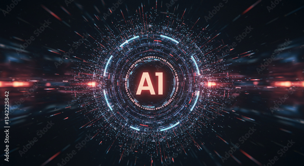 Poster artificial intelligence: futuristic ai data tunnel with neon lights and abstract background.