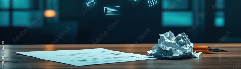 Poster concept of startup failure with crumpled paper and digital documents in a modern office setting