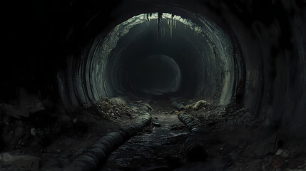 Naklejka premium A dark tunnel with a lot of dirt and debris. Subterranean Tunnels. Illustration