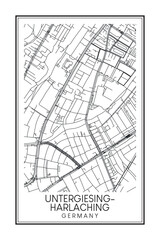 Hand drawn printable downtown road map poster of the German city quarter of MUNICH-UNTERGIESING-HARLACHING on solid white background with city name