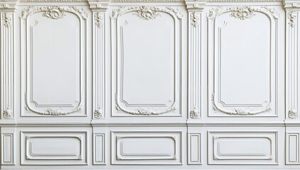White ornate wall paneling, interior backdrop, elegant room