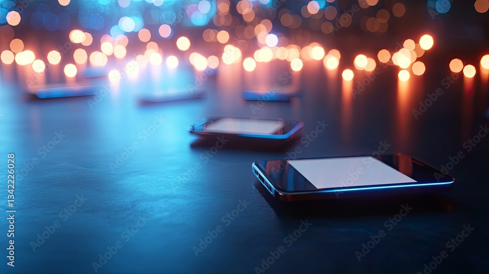 Poster multiple smartphones lie on a dark surface with blurred colorful lights in the background. blank scr