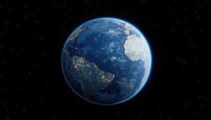 A digitally rendered Earth at night, viewed from space, showing city lights and a dark blue ocean.  Pixelated style