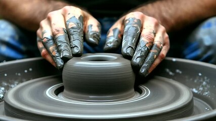 A close-up of a professional artist’s hands molding clay on a pottery wheel in a rustic studio.