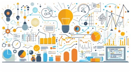An artistic rendering of business and data concepts with graphs, diagrams, and icons, illustrating the complexities of modern data visualization and analytics.