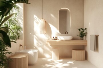 Sunlit minimalist bathroom with wooden vanity, plants, and oval mirror.