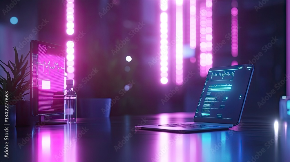 Poster night scene of laptop and tablet displaying data graphs with sanitizer and plant on table under neon
