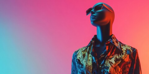 Fashion Forward: A stylish mannequin, illuminated by vibrant neon hues, is posing in shades and a trendy floral shirt, creating a dynamic fusion of style and color.