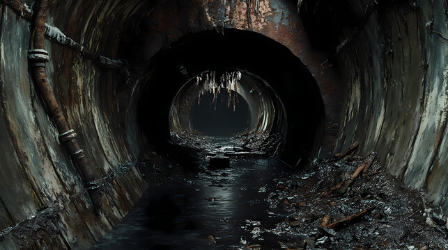 Forgotten industrial drainage route with eerie sewer tunnels creating a haunting atmosphere. Subterranean Tunnels. Illustration