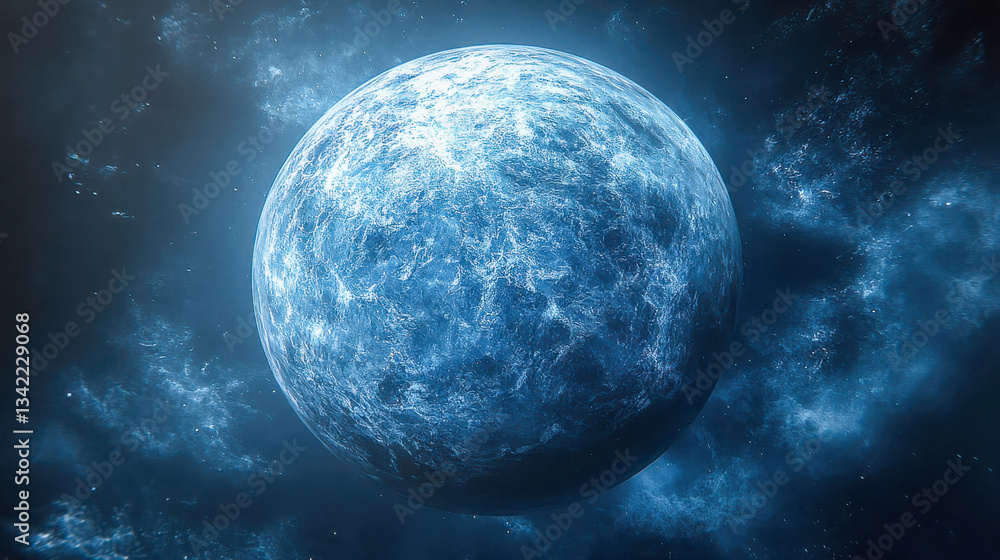 Poster a frozen icy planet floating in deep space with a glowing aura