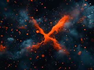 The abstract explosion forms an orange X shape against a dark background