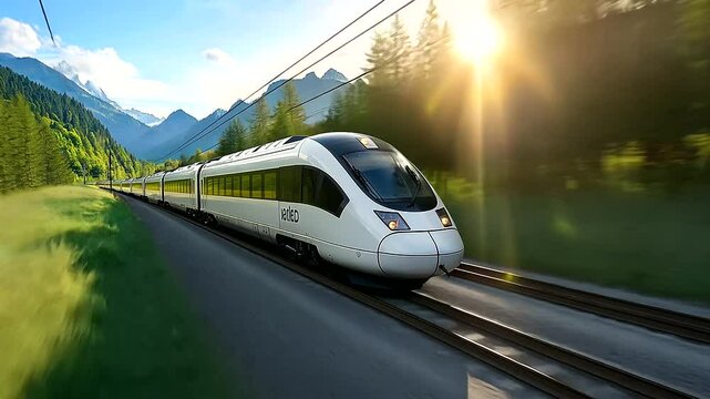 A high-speed train traveling through lush green countryside, representing the future of eco-friendly transportation.