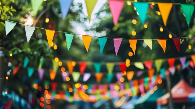 Colorful party bunting flags, bokeh string lights illuminate vibrant outdoor event, fairground decorations create festive atmosphere, whimsical garland pennants, joyful celebration, copy space.
