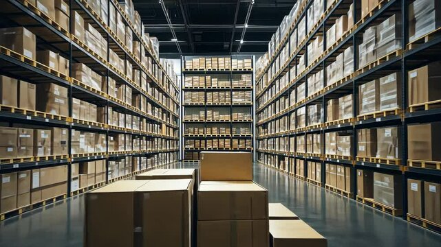 Organized warehouse with tall shelves filled with cardboard boxes and a clear path for easy navigation