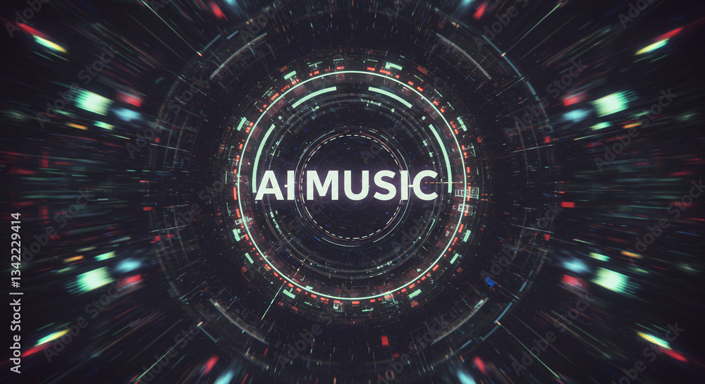 Poster ai music: futuristic graphic representing the innovative field of artificial intelligence music, com