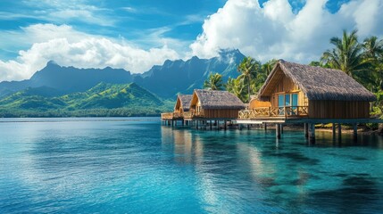 Naklejka premium Exotic tropical island scenery with overwater bungalows, serene turquoise ocean