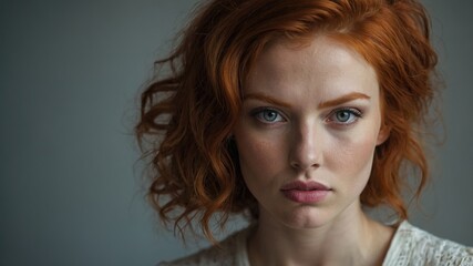 Primer plano de una mujer con cabello pelirrojo con textura rizada, capturado en un estilo desenfocado que resalta las ondas naturales y un fondo gris neutro, ideal para campa&ntilde;as sobre belleza.