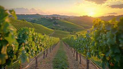 Naklejka premium Beautiful sunset over lush vineyards in a tranquil countryside landscape