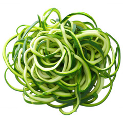 Green spiralized zucchini vegetable noodles isolated on white background, ideal for healthy eating, vegan recipes, or gluten-free pasta alternatives
