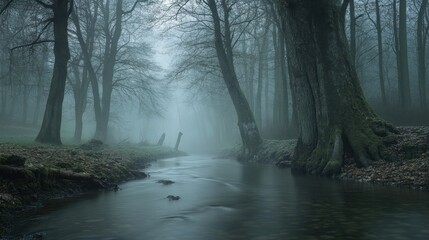 Ethereal river flows through a misty forest, shrouded in fog at twilight