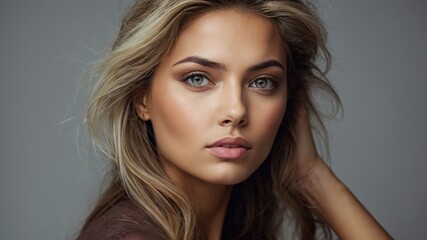 Naklejka premium Retrato estilizado de una mujer con cabello rubio largo y ondulado, vistiendo un top marrón, con fondo gris neutro, capturado con enfoque artístico