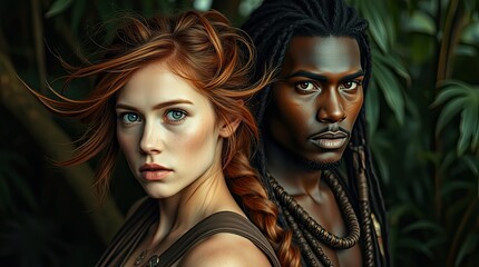 Two individuals stand back to back in a dense tropical environment illuminated by warm golden light emphasizing natural beauty and cultural expressions