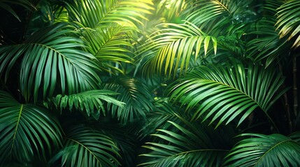 Lush green palm leaves in a vibrant tropical forest under soft sunlight creating a serene atmosphere